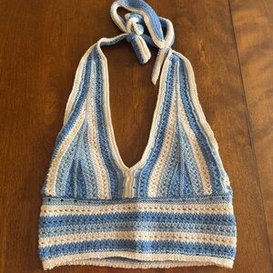 Hollister Blue and White Crochet Halter Top